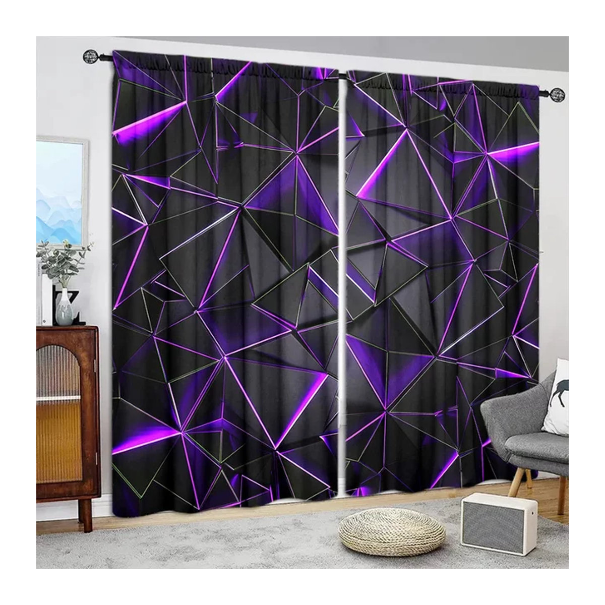 VOZMIO Vorhang Set mit lila unregelmäßiger Geometrie für Schlafzimmer, Büro, Küche und Wohnzimmer, 2 Stück - Bild 1