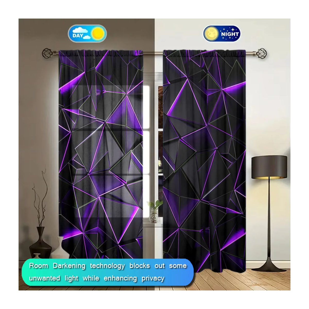 VOZMIO Vorhang Set mit lila unregelmäßiger Geometrie für Schlafzimmer, Büro, Küche und Wohnzimmer, 2 Stück - Bild 2