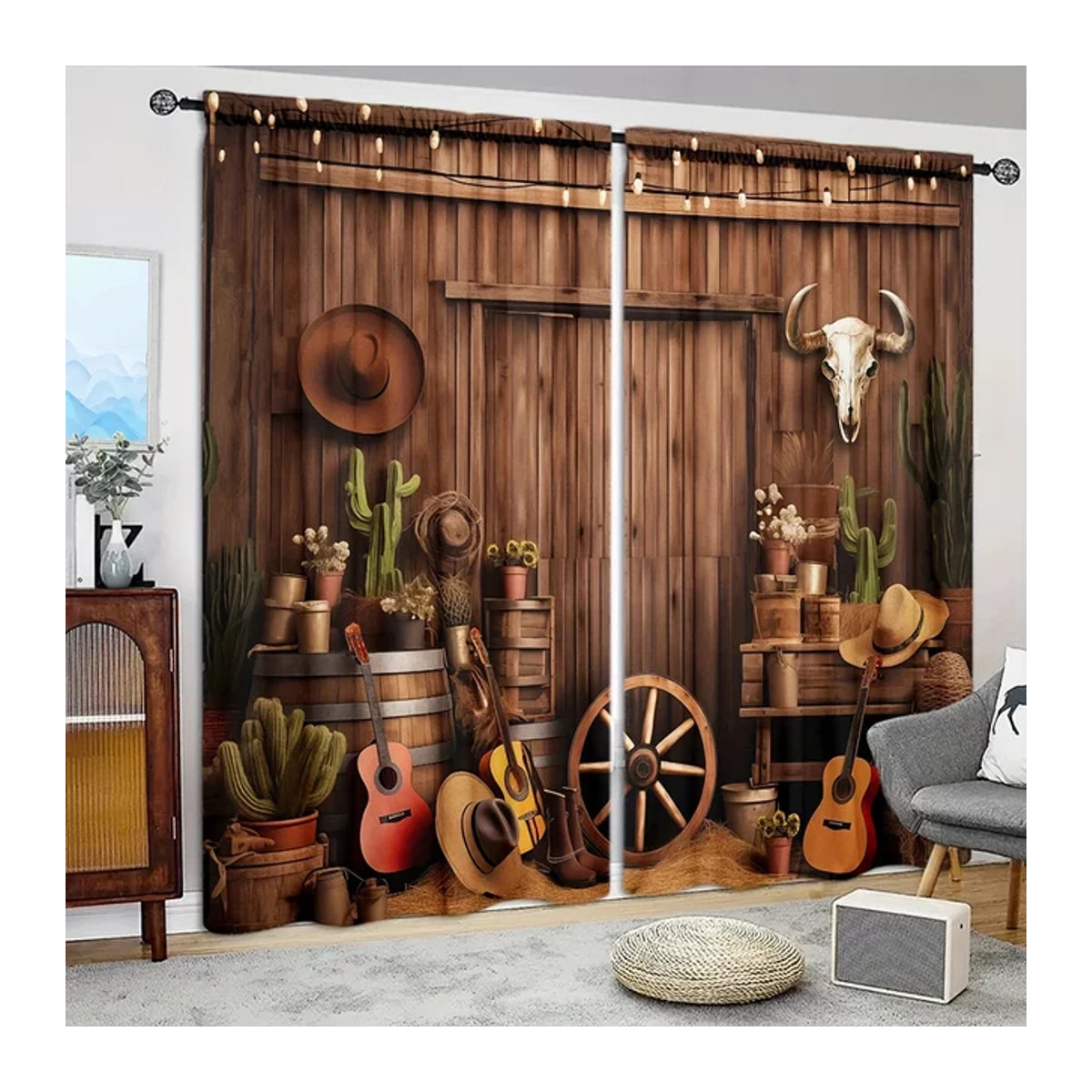 VOZMIO Vorhang Set mit Scheunen-Print in Braun, 2 Stück Fensterbehandlung mit Stangentaschen für Wohnzimmer, Küche und Schlafzimmer - Bild 1