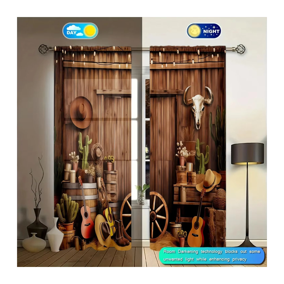 VOZMIO Vorhang Set mit Scheunen-Print in Braun, 2 Stück Fensterbehandlung mit Stangentaschen für Wohnzimmer, Küche und Schlafzimmer - Bild 3