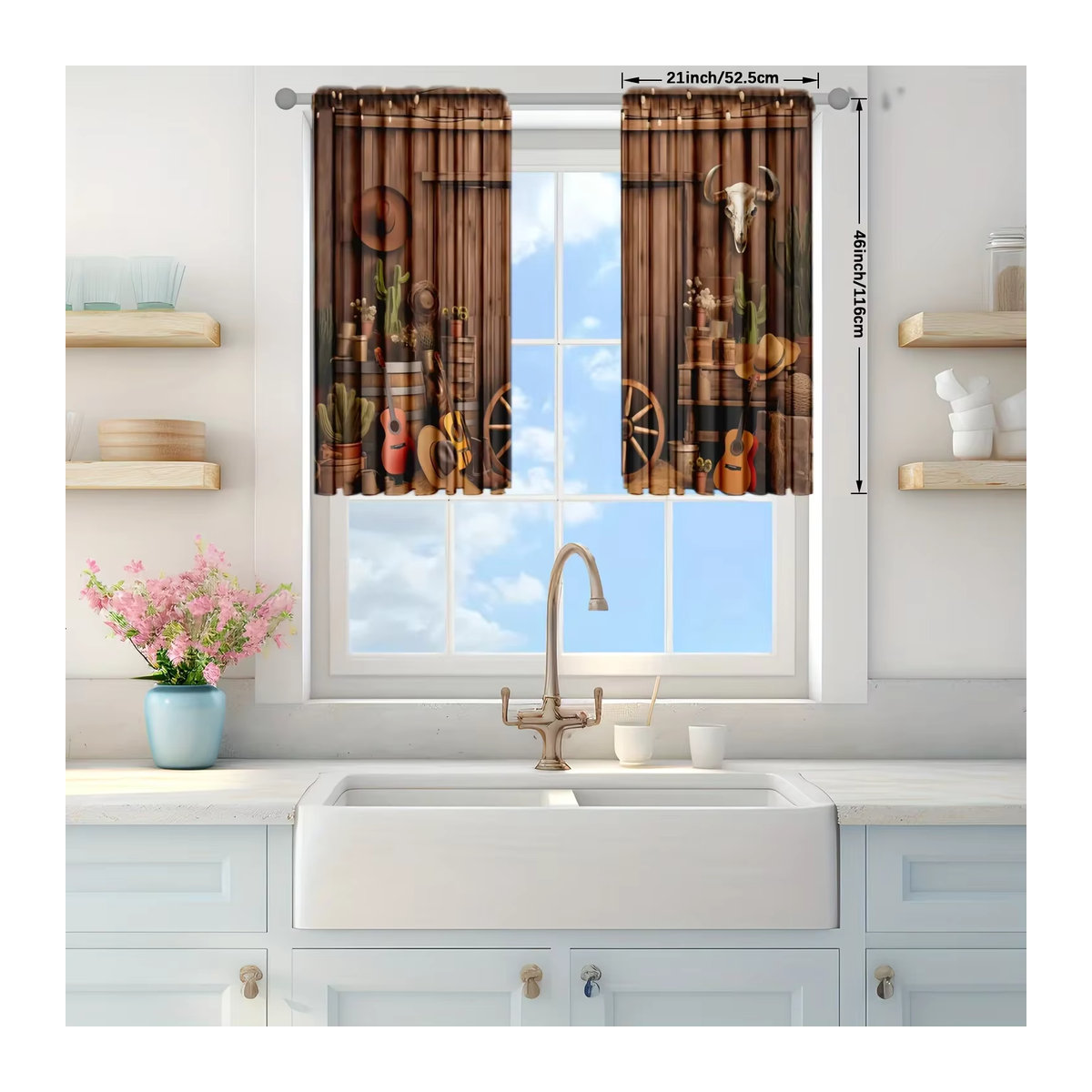 VOZMIO Vorhang Set mit Scheunen-Print in Braun, 2 Stück Fensterbehandlung mit Stangentaschen für Wohnzimmer, Küche und Schlafzimmer - Bild 4