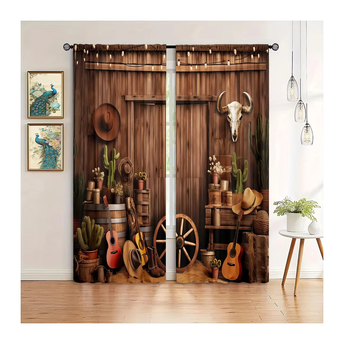 VOZMIO Vorhang Set mit Scheunen-Print in Braun, 2 Stück Fensterbehandlung mit Stangentaschen für Wohnzimmer, Küche und Schlafzimmer - Bild 5