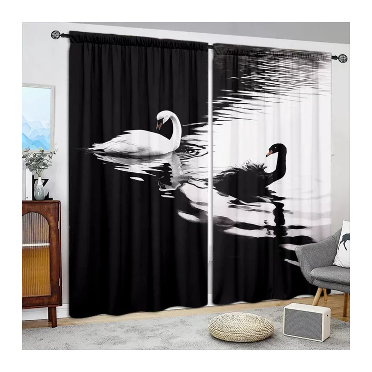 VOZMIO Vorhang Set mit Schwan-Print in Schwarz-Weiß für Wohnzimmer, Schlafzimmer und Büro - Bild 1