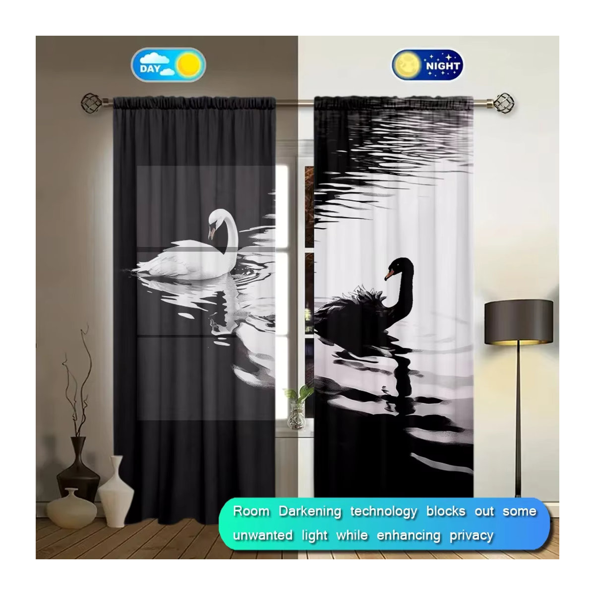 VOZMIO Vorhang Set mit Schwan-Print in Schwarz-Weiß für Wohnzimmer, Schlafzimmer und Büro - Bild 2