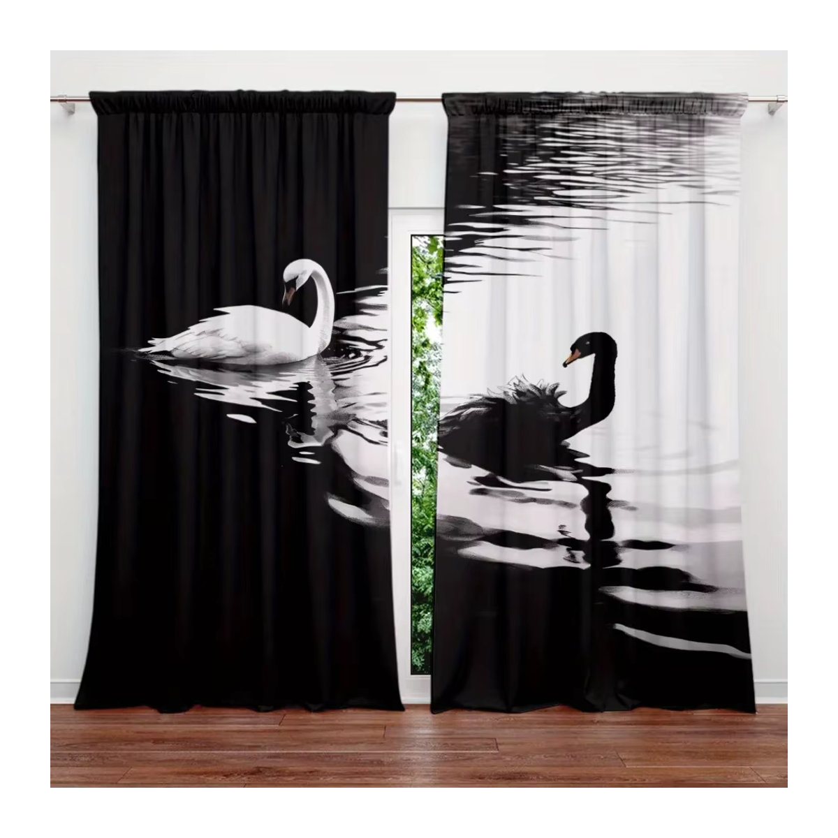 VOZMIO Vorhang Set mit Schwan-Print in Schwarz-Weiß für Wohnzimmer, Schlafzimmer und Büro - Bild 3