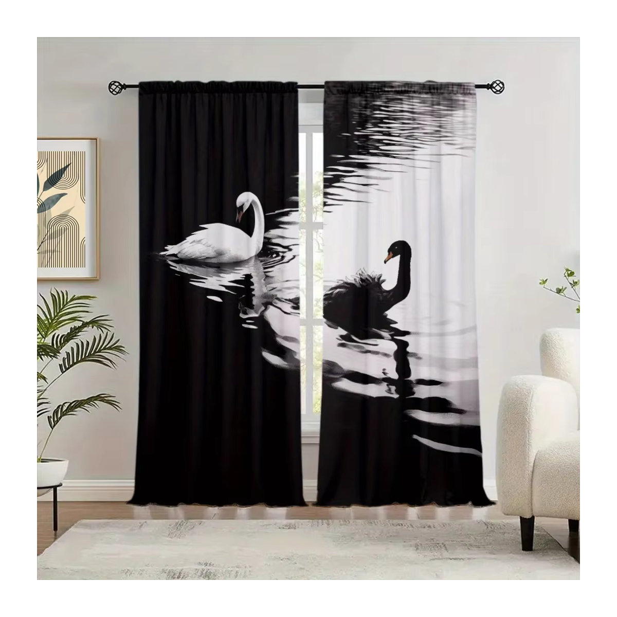 VOZMIO Vorhang Set mit Schwan-Print in Schwarz-Weiß für Wohnzimmer, Schlafzimmer und Büro - Bild 4