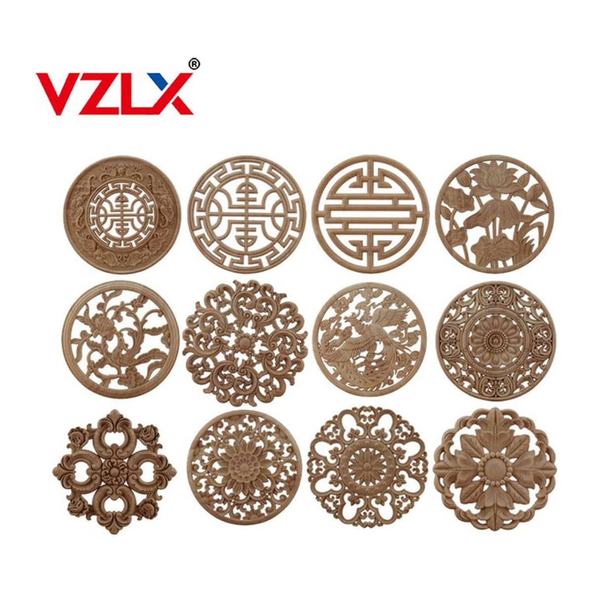 VZLX Runde Holzapplikation in Braun mit floralem und orientalischem Design zur Dekoration von Schränken und Heimtextilien - Bild 1