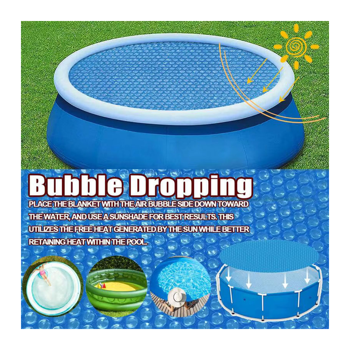 Waasoscon Solar Pool Abdeckung in Blau mit wärmeisolierenden Luftblasen für Bodenpools und Whirlpools - Bild 2
