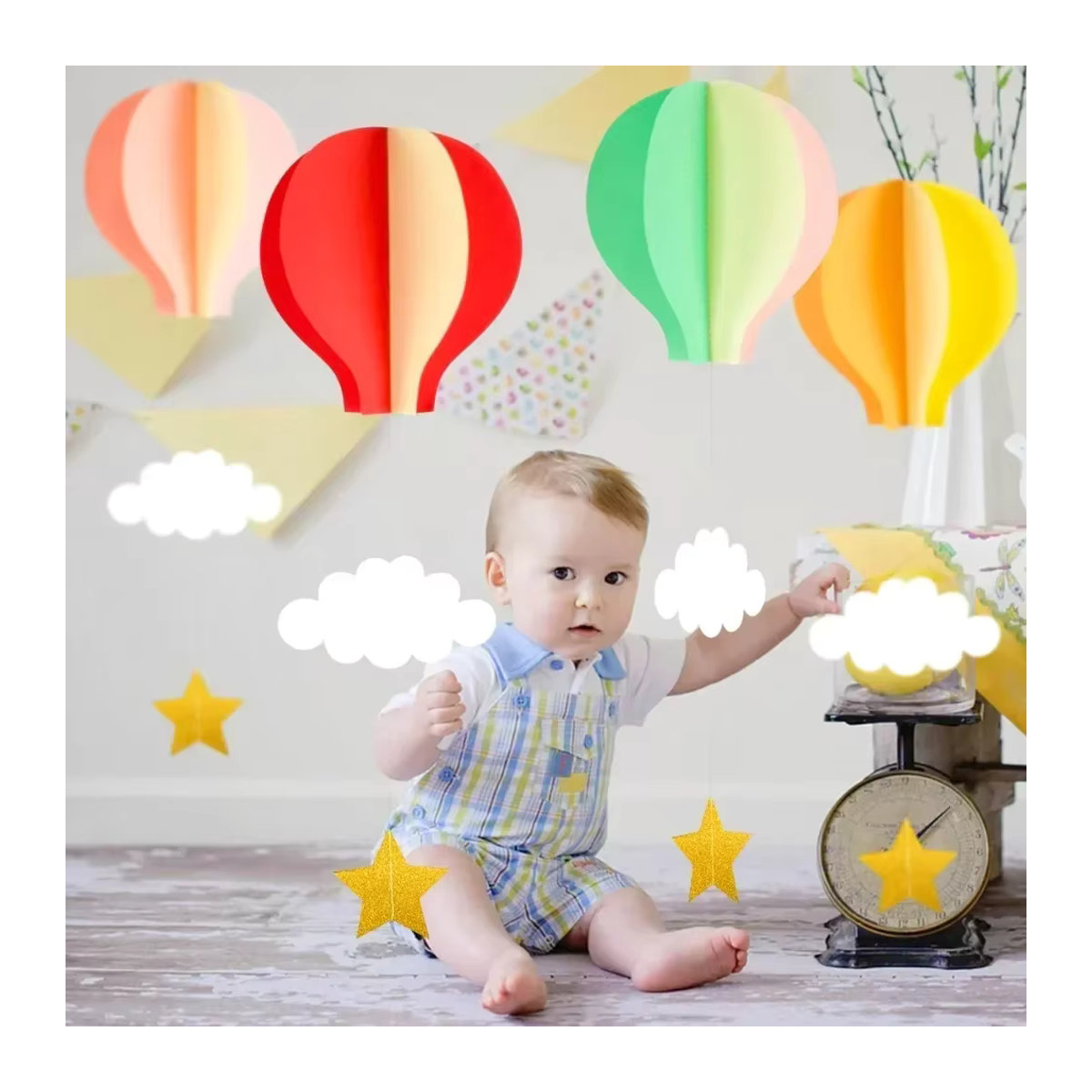 WakaParty 3D Papiergirlande mit Heißluftballon, Wolken und Sternen in Multicolor zum Aufhängen für Babyparty und Kindergeburtstag - Bild 2