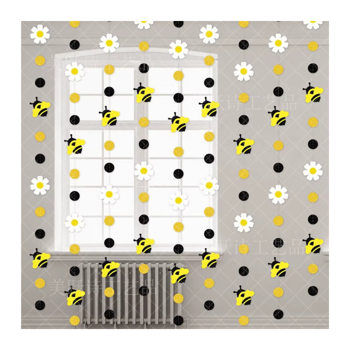 WakaParty Bienenvorhang aus Papier mit Honigbienen und Gänseblümchen in Gelb als Hängegirlande für Babyparty und Geburtstag - Bild 3