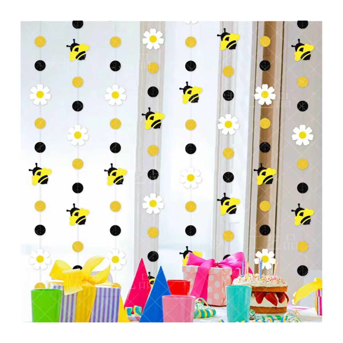 WakaParty Bienenvorhang aus Papier mit Honigbienen und Gänseblümchen in Gelb als Hängegirlande für Babyparty und Geburtstag - Bild 4