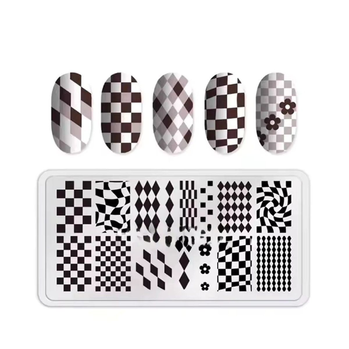 WAKEFULNESS Nail Art Stamping Platte mit Schachbrett-Motiv in Schwarz, Weiß und Silber aus Metall - Bild 2