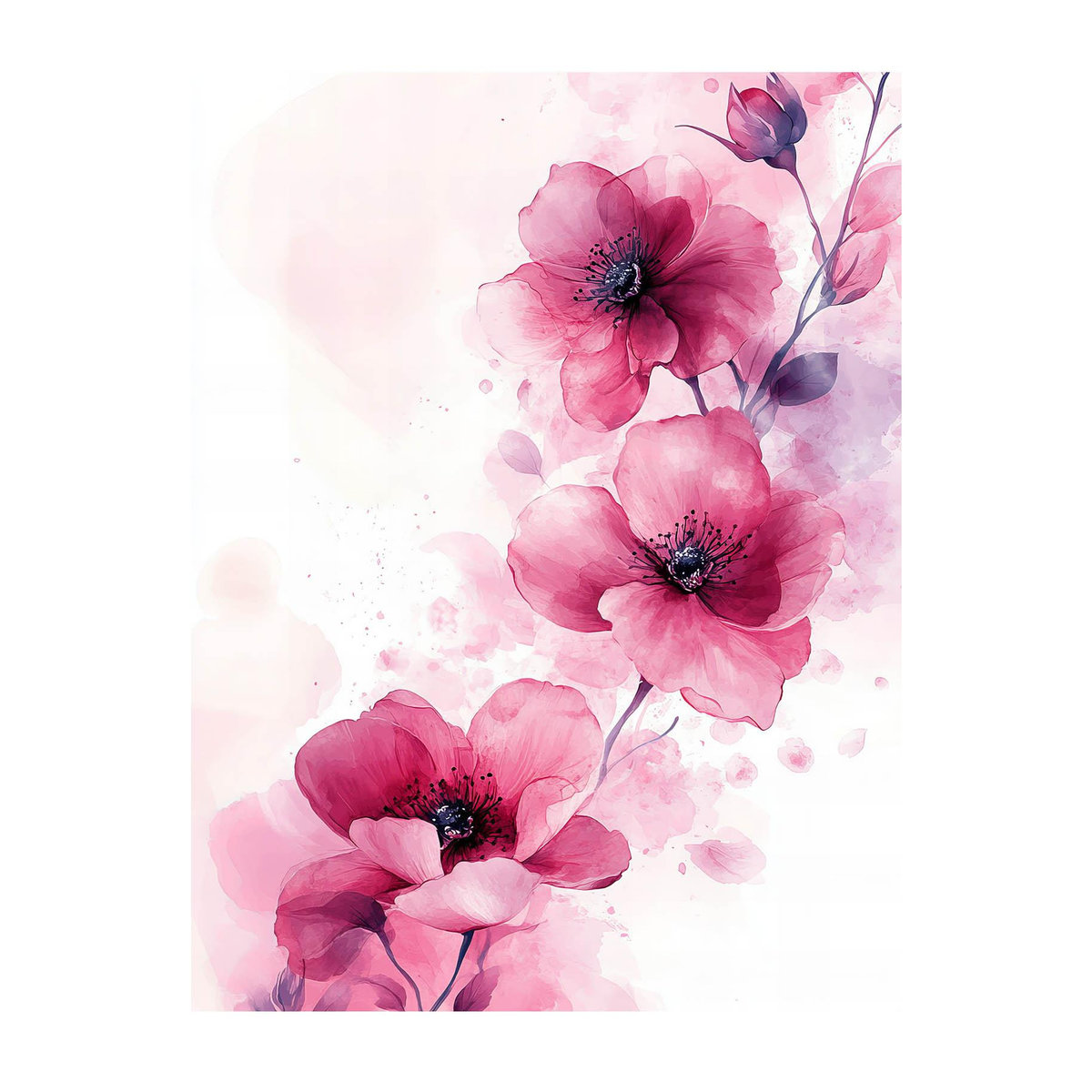 Wandbild mit rosa Blumen auf weißem Hintergrund von Marcin Zbijowski, inkl. dunkelbraunem Holzrahmen, B/H: 50 x 70 cm - Bild 1