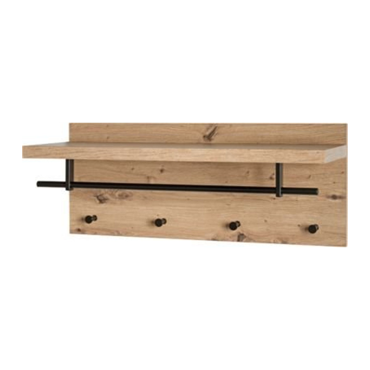 Wandgarderobe HAKU mit 4 Haken, Kleiderstange und Hutablage, Eiche Natur/Schwarz, B: 75 cm, T: 26 cm, H: 30 cm - Bild 1