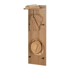 Wandgarderobe HAKU mit 5 Haken, Kleiderstange und Hutablage aus Holz und Metall, Eiche Dunkel/Schwarz, B: 30 cm, T: 20 cm, H: 100 cm