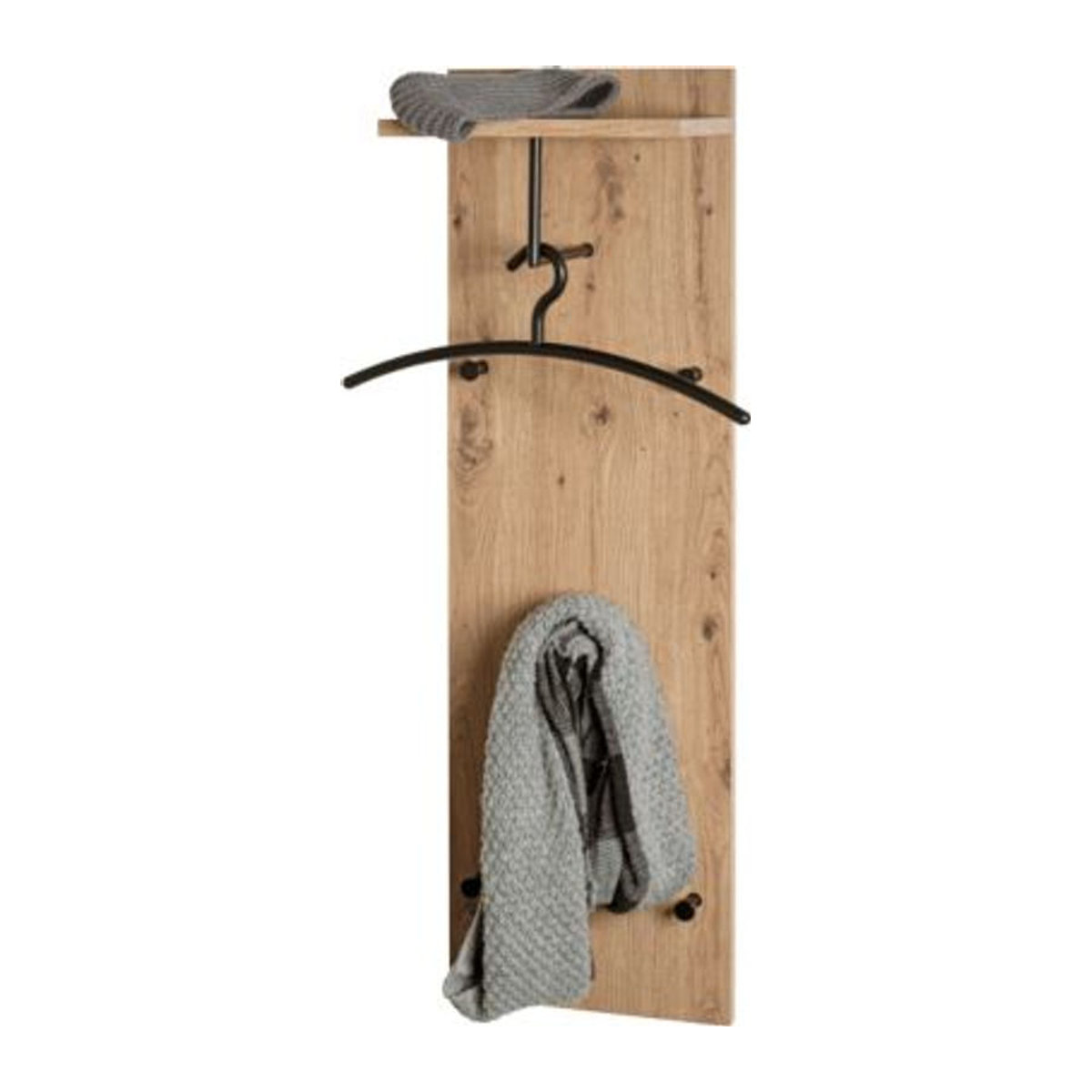 Wandgarderobe HAKU mit 5 Haken, Kleiderstange und Hutablage aus Holz und Metall, Eiche Natur/Schwarz - Bild 2