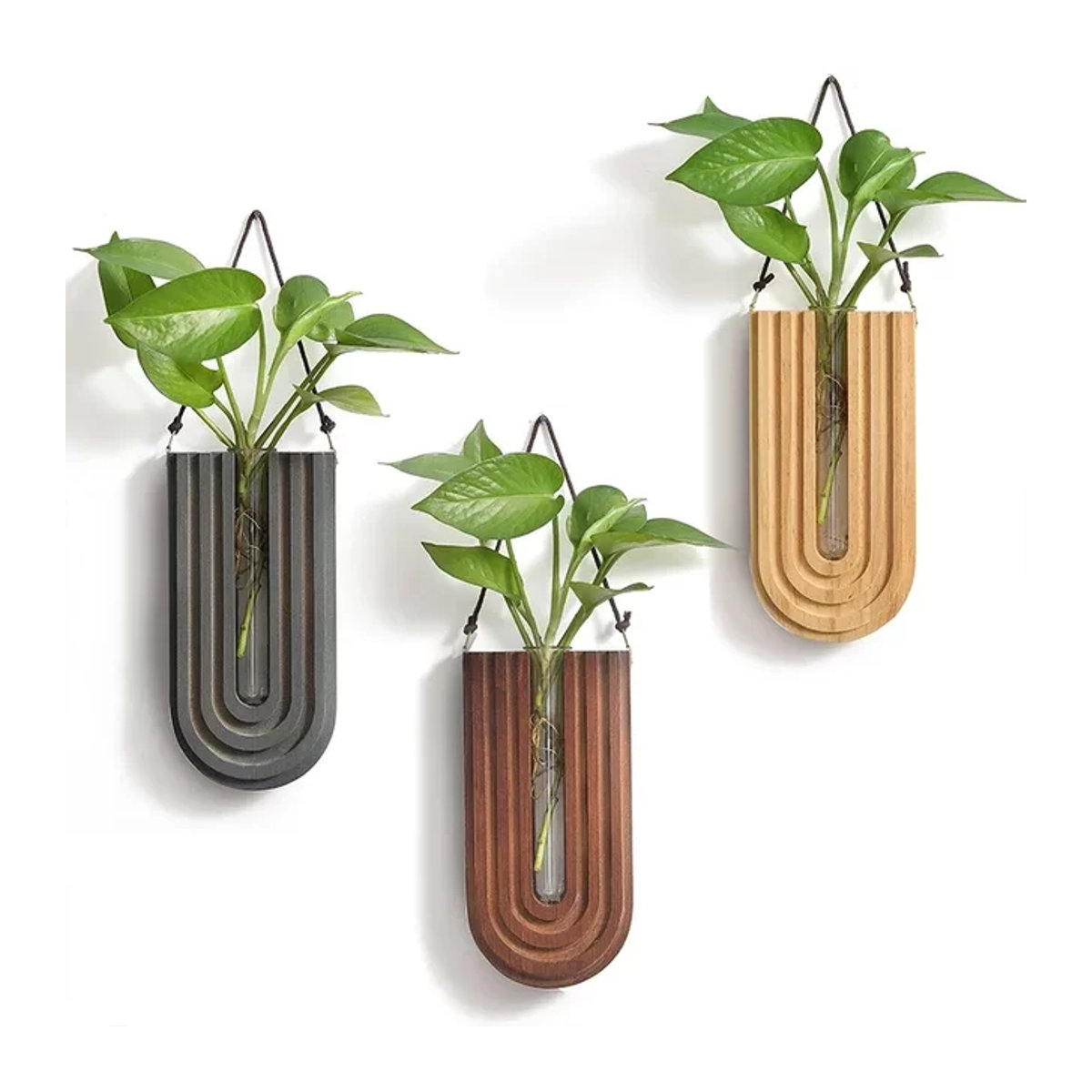 Wandhängendes Holz-Blumenregal für Hydrokultur und Pflanzenbehälter in geometrischem Design - Bild 1