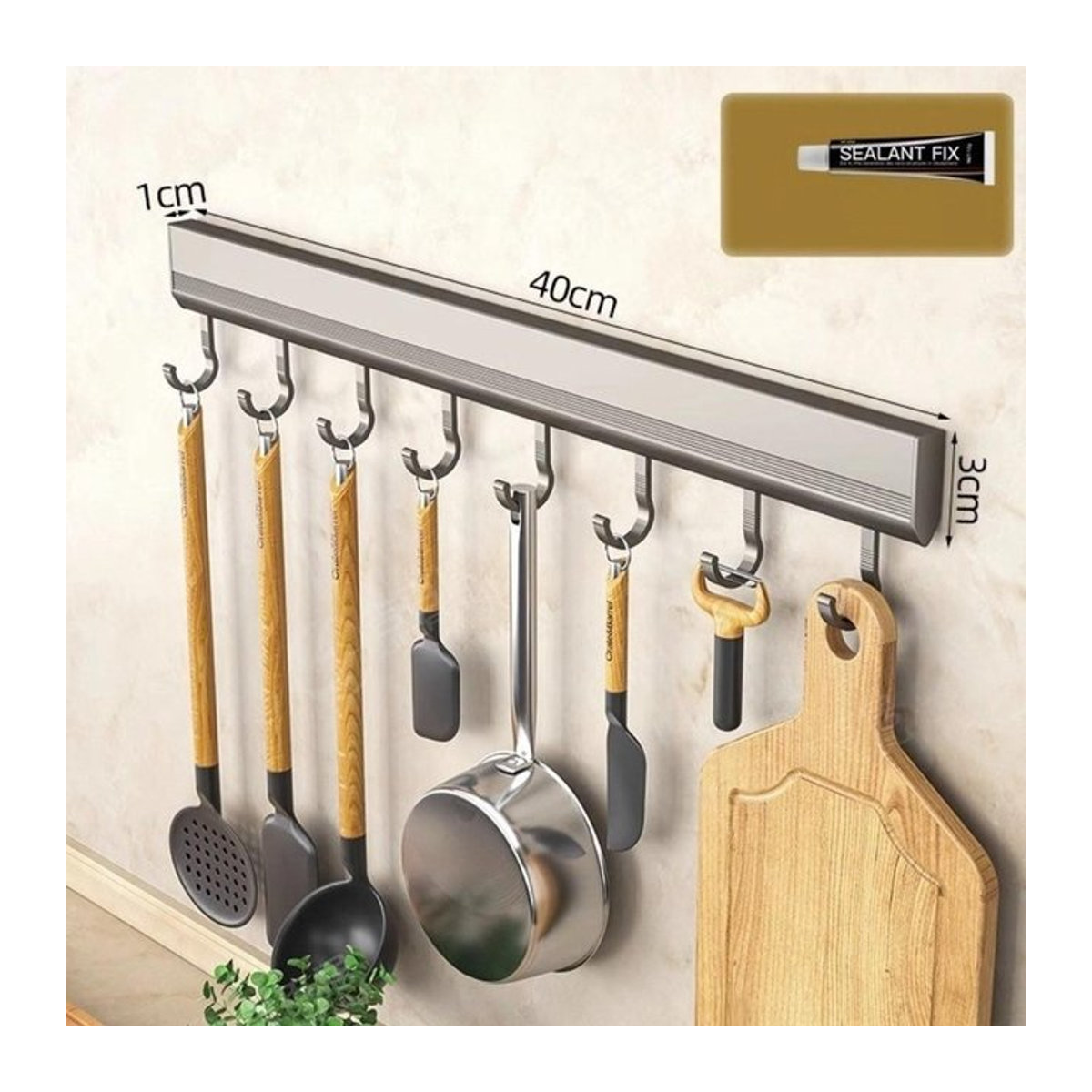 Wandmontiertes Küchenregal aus Aluminiumlegierung von Jianqin in Grau mit 8 Haken zur Aufbewahrung von Utensilien und als Handtuchhalter - Bild 1