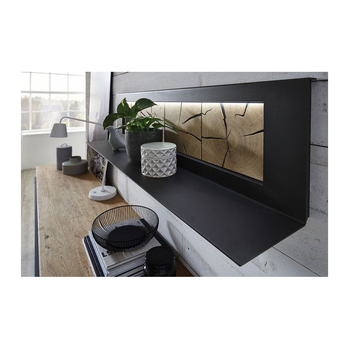 Wandregal Witlake Cortona aus Massivholz und Metall in Braun und Schwarz, B: 120 cm, T: 24 cm, H: 10 cm - Bild 1