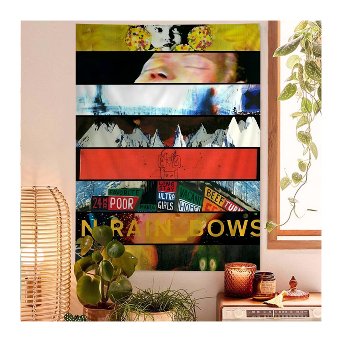 Wandteppich im Hippie-Tarot-Stil mit Radiohead Musik-Kunst Motiv, Mehrfarbig, B/H: 70 x 70 cm - Bild 1