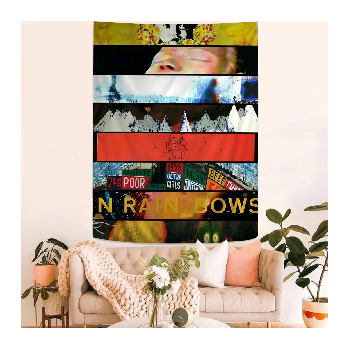 Wandteppich im Hippie-Tarot-Stil mit Radiohead Musik-Kunst Motiv, Mehrfarbig, B/H: 70 x 70 cm - Bild 2