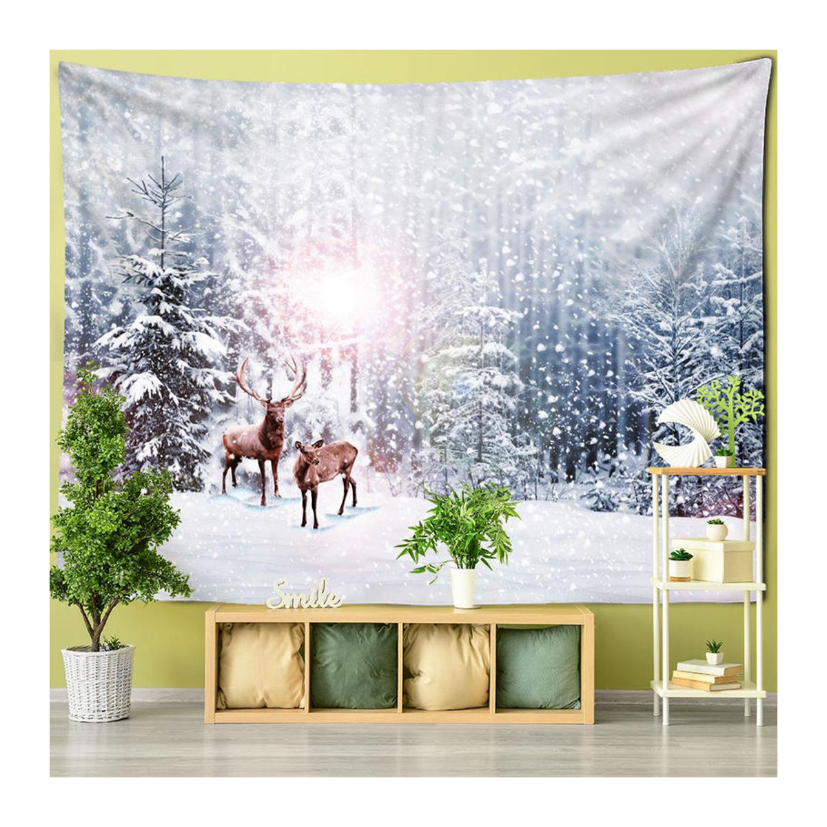 Wandteppich mit Elch-Schneeszene im Bohemian-Stil, Super Six Textil-Wandbehang für Weihnachten, Farbe Weiß, B/H: 95 x 70 cm - Bild 2