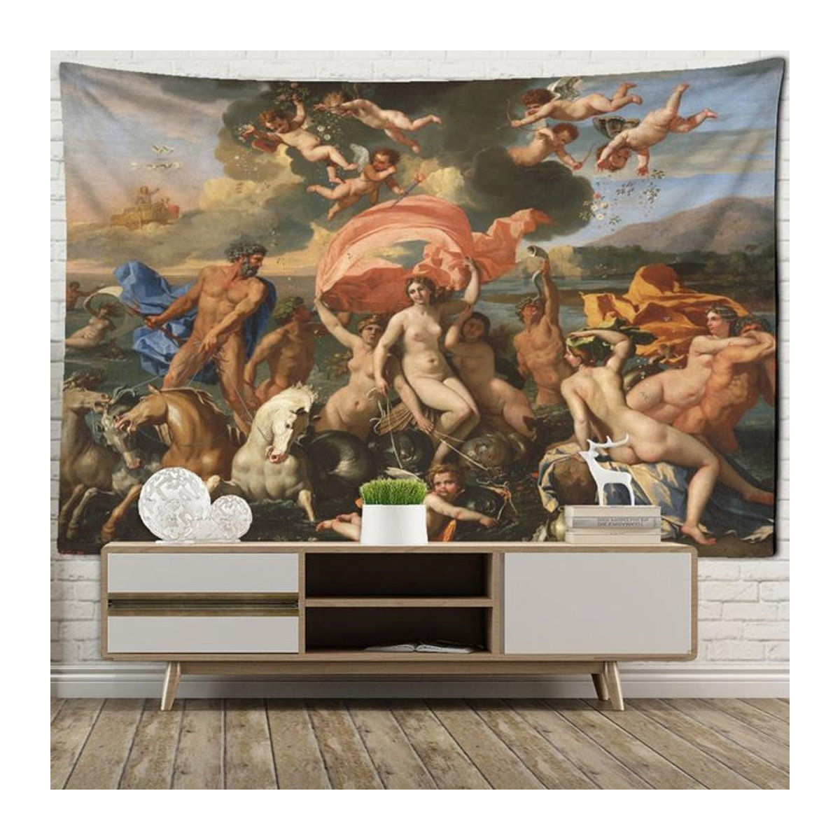 Wandteppich mit Engel-Porträt im nebligen Ölgemälde-Stil von Super Six, Bohemian Wandbehang in Mehrfarbig, B: 400 cm, H: 220 cm - Bild 1