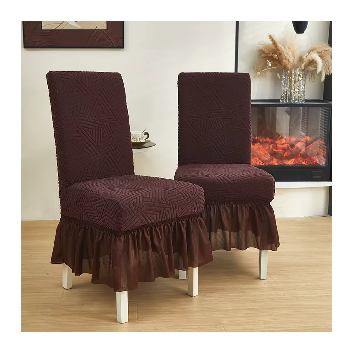 WANERQU Esszimmerstuhlbezug mit Rock aus Jacquard in Grau, elastischer und rutschfester Stuhlschutz - Bild 4
