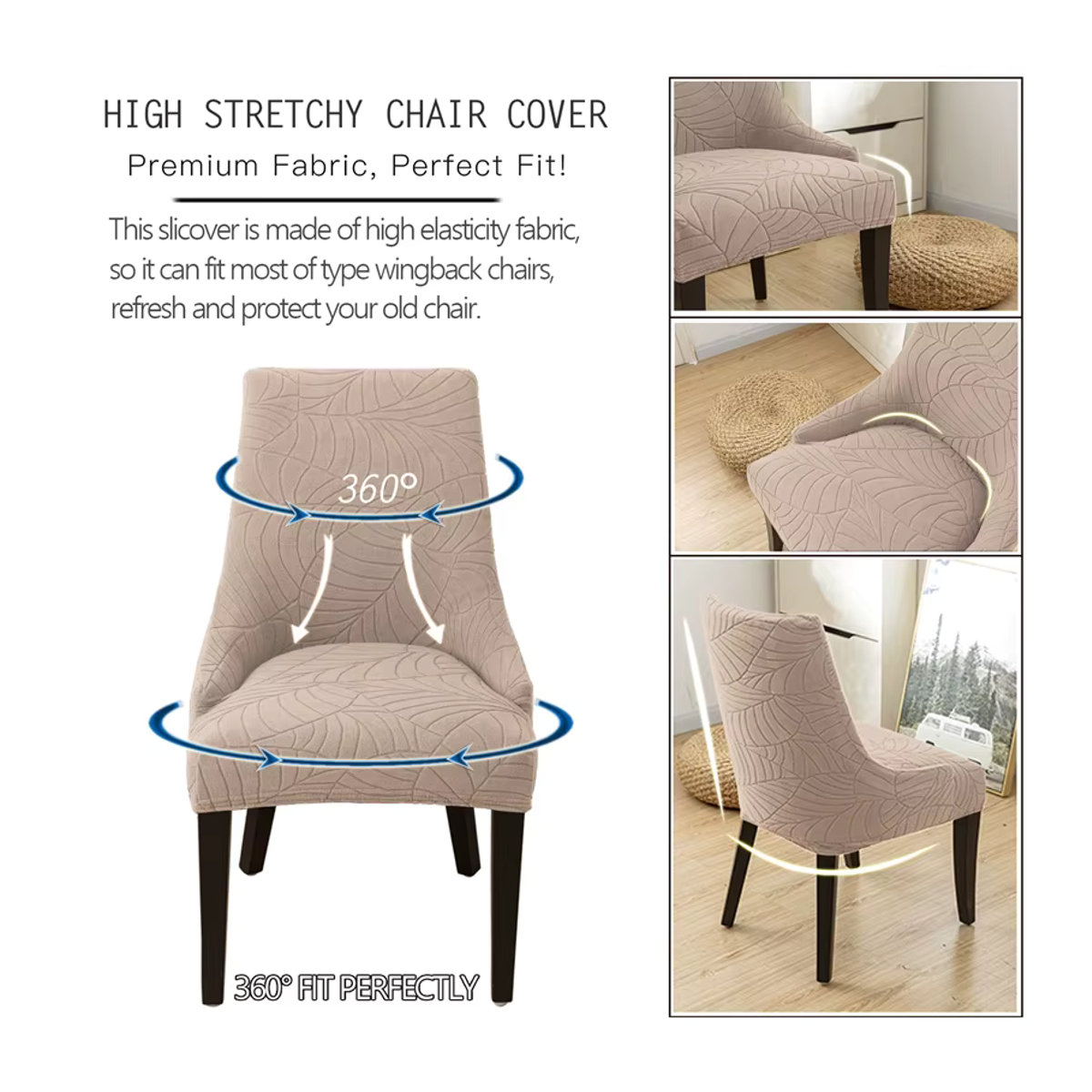 WANERQU Jacquard Esszimmerstuhl Bezug in Beige mit hoher Rückenlehne, waschbarer Schutzbezug für Sessel und Stühle - Bild 5