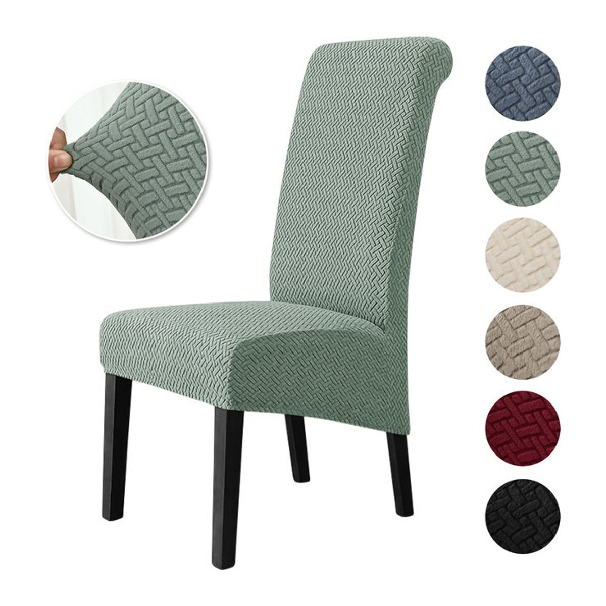 WANERQU Jacquard Stuhlbezug Stretch XL mit langer Rückenlehne für Esszimmerstühle in Schwarz und Grün - Bild 1
