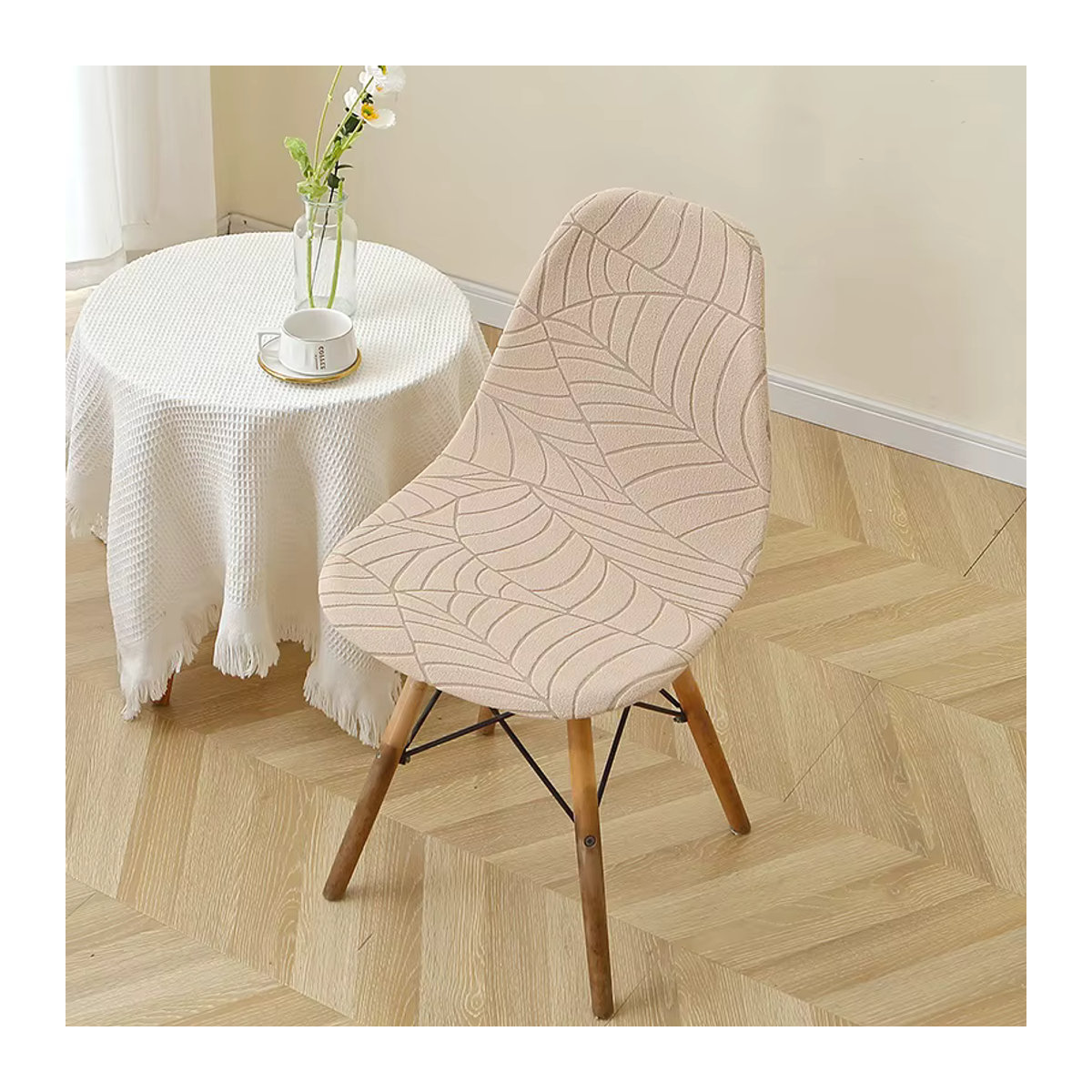 Wanerqu Stuhlbezug mit Blättermuster in Beige, armlose Stretch-Stuhlhussen aus Jacquard-Muschel für Esszimmer und Hotel - Bild 2