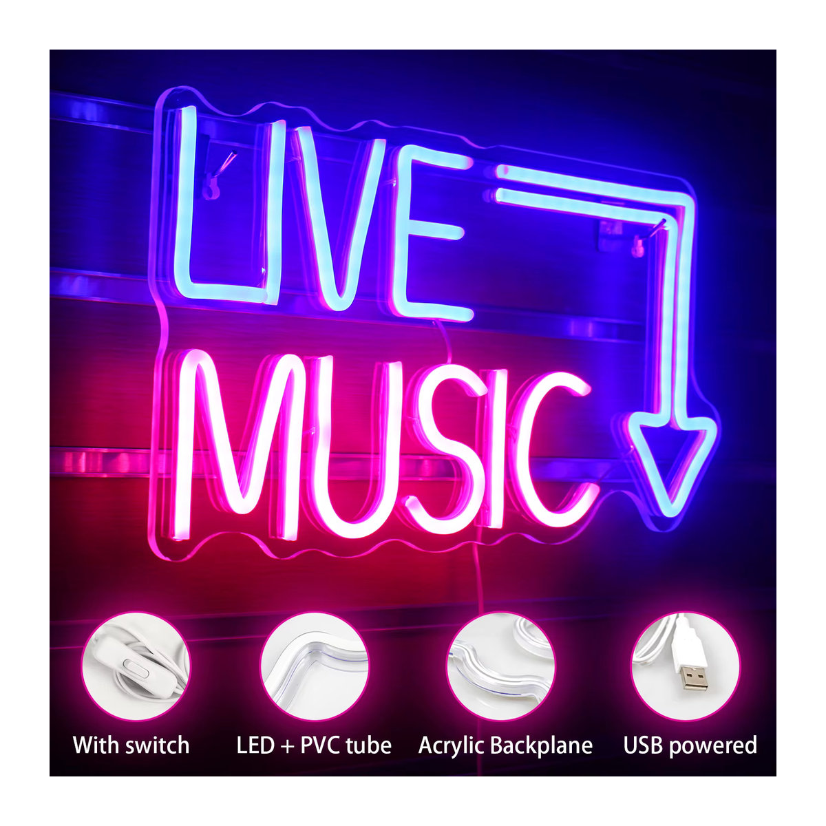 Wanxing LED Neon Live Musik Zeichen Bunt Wanddekoration aus Kunststoff für Party, Bar und Studio - Bild 3