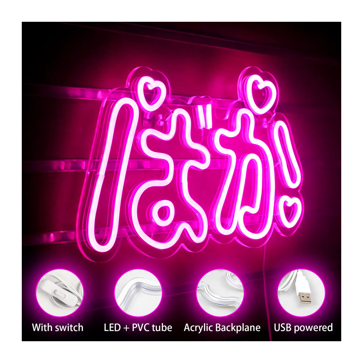 Wanxing LED Neonschild Baka Rosa Handgefertigte Acryl Wanddekoration USB-betrieben - Bild 4