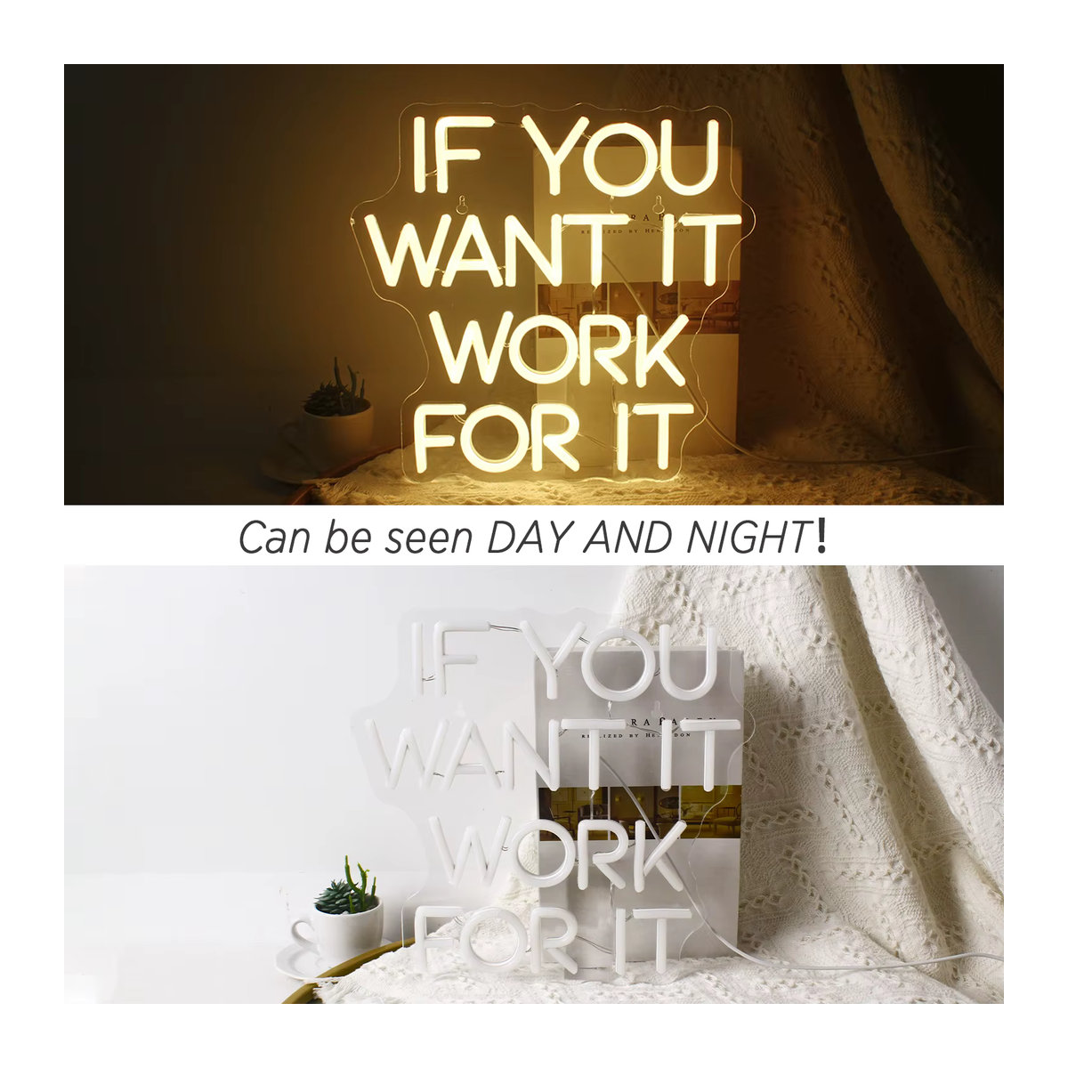 Wanxing LED Neonschild If You Want It Work For It in Gelb, dimmbare USB-Wandleuchte für Fitnessstudio, Schlafzimmer und Party-Deko - Bild 3