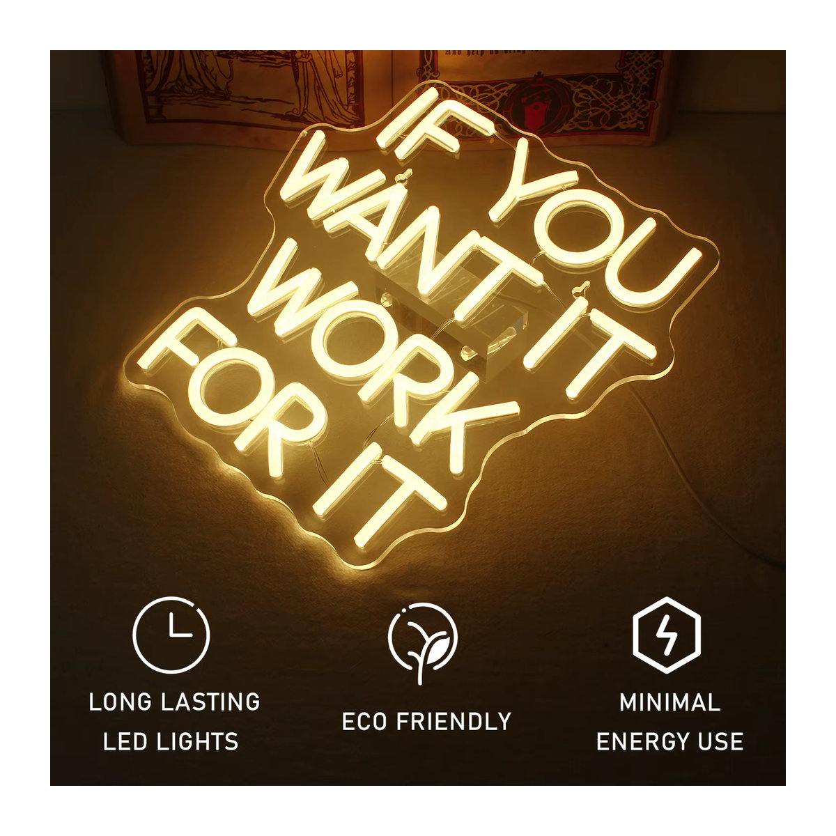 Wanxing LED Neonschild If You Want It Work For It in Gelb, dimmbare USB-Wandleuchte für Fitnessstudio, Schlafzimmer und Party-Deko - Bild 4
