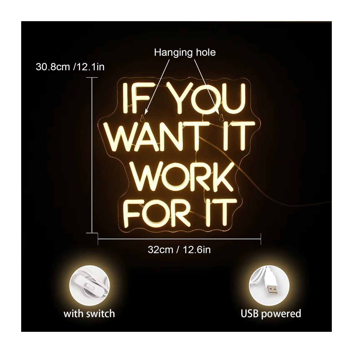 Wanxing LED Neonschild If You Want It Work For It in Gelb, dimmbare USB-Wandleuchte für Fitnessstudio, Schlafzimmer und Party-Deko - Bild 6