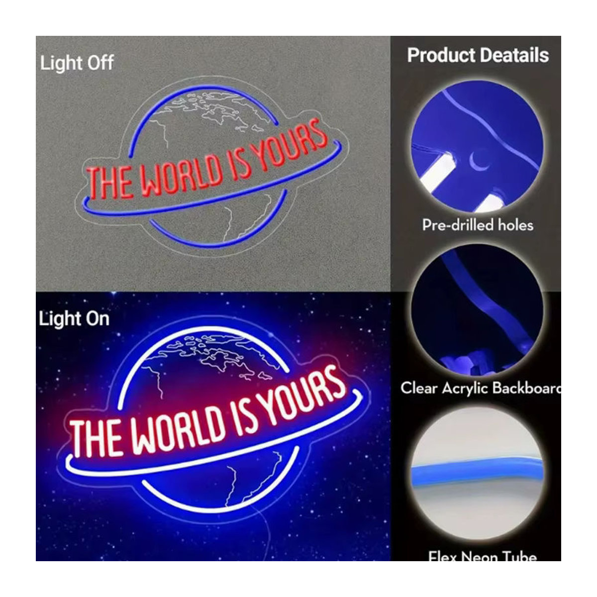 Wanxing LED Neonschild The World Is Yours mit geschnitztem Planeten in Bunt, Moderne Wanddekoration aus Acryl als 3D-Skulptur für Schlafzimmer, Club und Spielzimmer - Bild 3