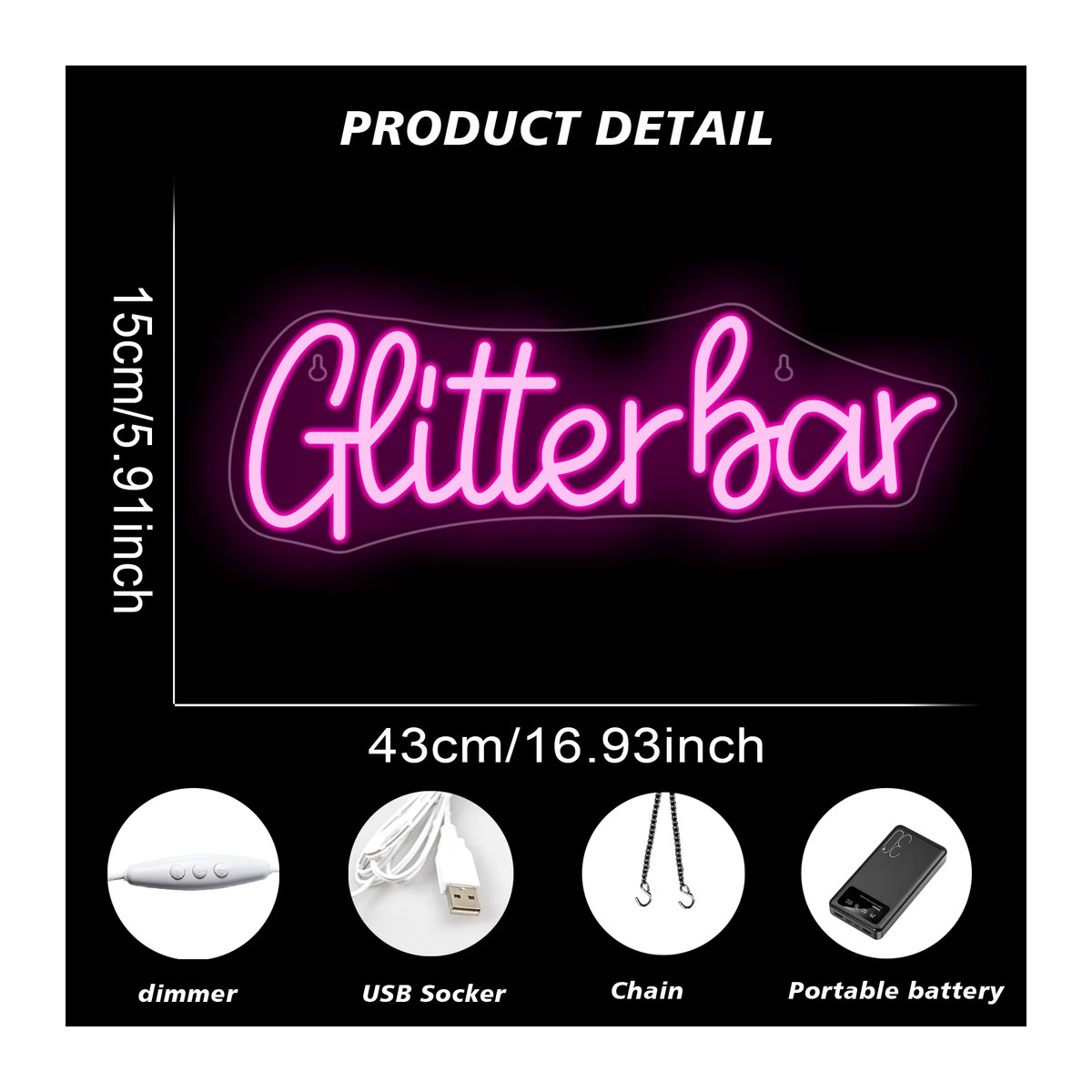 Wanxing Neon LED Zeichen Glitter Bar Dimmbare USB Lampe in Rosa zur Raumdekoration für Home, Bar, Shop und Nachtclub - Bild 2