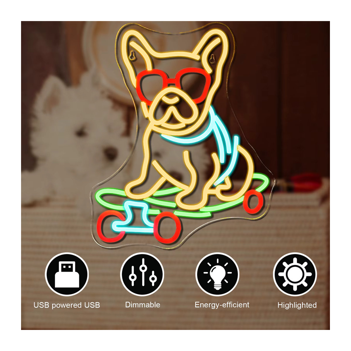 Wanxing Neon Wandlampe Skateboard Hund für Kinderzimmer und Pet Shop, USB-betrieben und dimmbar - Bild 2