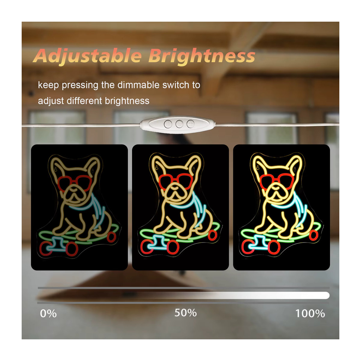 Wanxing Neon Wandlampe Skateboard Hund für Kinderzimmer und Pet Shop, USB-betrieben und dimmbar - Bild 3