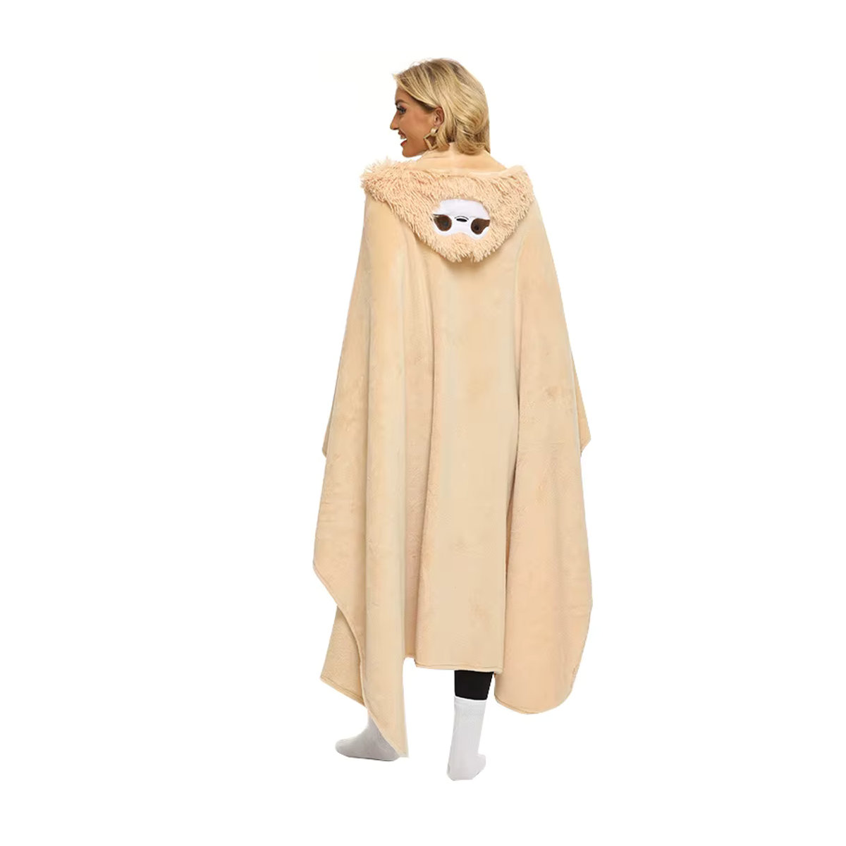 Warmer Flanell Umhang mit Kapuze im Faultier-Design, Farbe Khaki - Bild 2