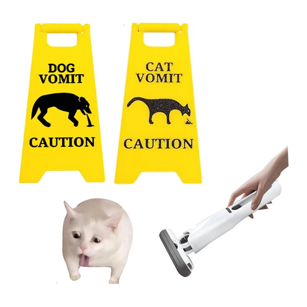 Warnschild buyyes Katzen-Erbrochenes Schild mit Mini-Reinigungsmopp in Gelb aus Kunststoff - Bild 1