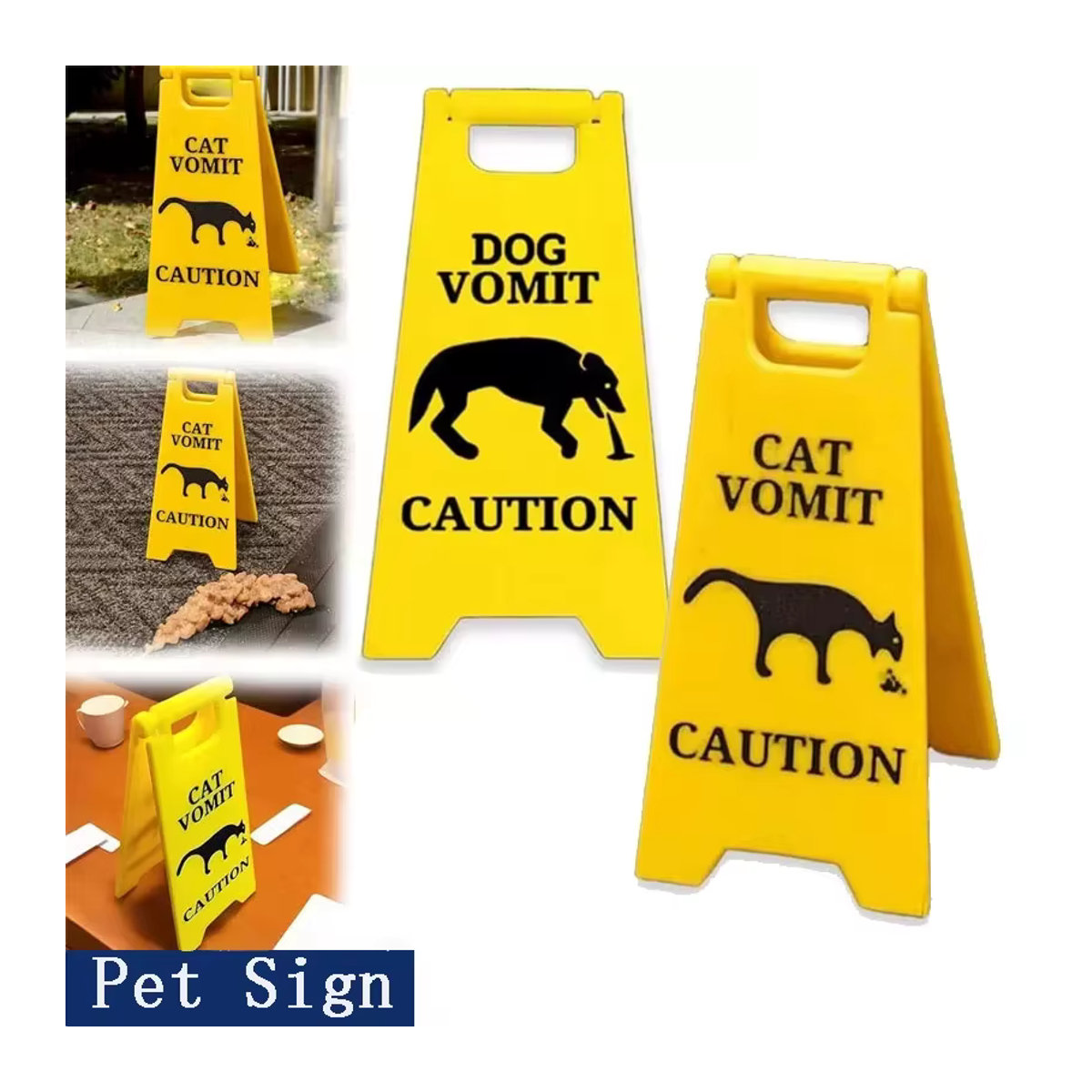 Warnschild buyyes Katzen-Erbrochenes Schild mit Mini-Reinigungsmopp in Gelb aus Kunststoff - Bild 2