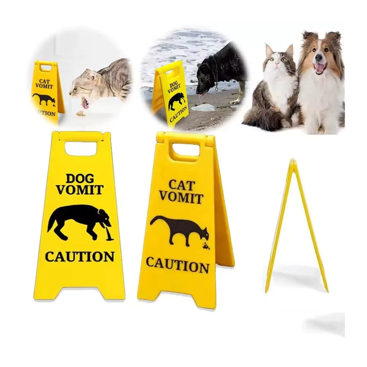 Warnschild buyyes Katzen-Erbrochenes Schild mit Mini-Reinigungsmopp in Gelb aus Kunststoff - Bild 3