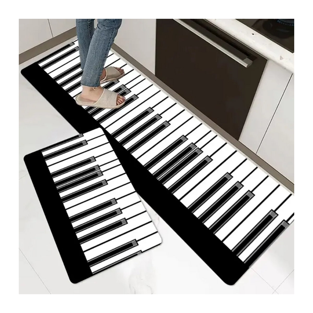 Waschbare Teppichmatte im Klavier-Design für Küche, Bad oder Schlafzimmer, Schwarz-Weiß, klassisch - Bild 1