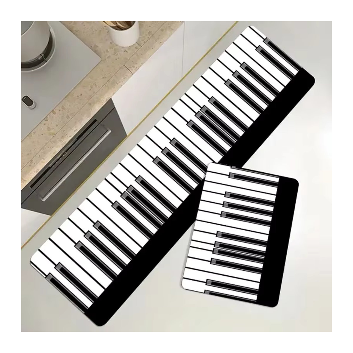 Waschbare Teppichmatte im Klavier-Design für Küche, Bad oder Schlafzimmer, Schwarz-Weiß, klassisch - Bild 2