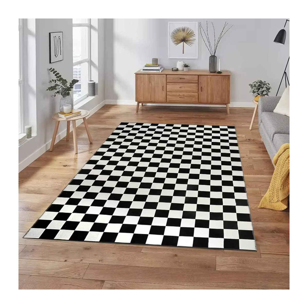 Waschbarer Druckteppich im Schwarz-Weiß-Gitter-Design für Wohnzimmer, Eingang oder Home Office - Bild 2