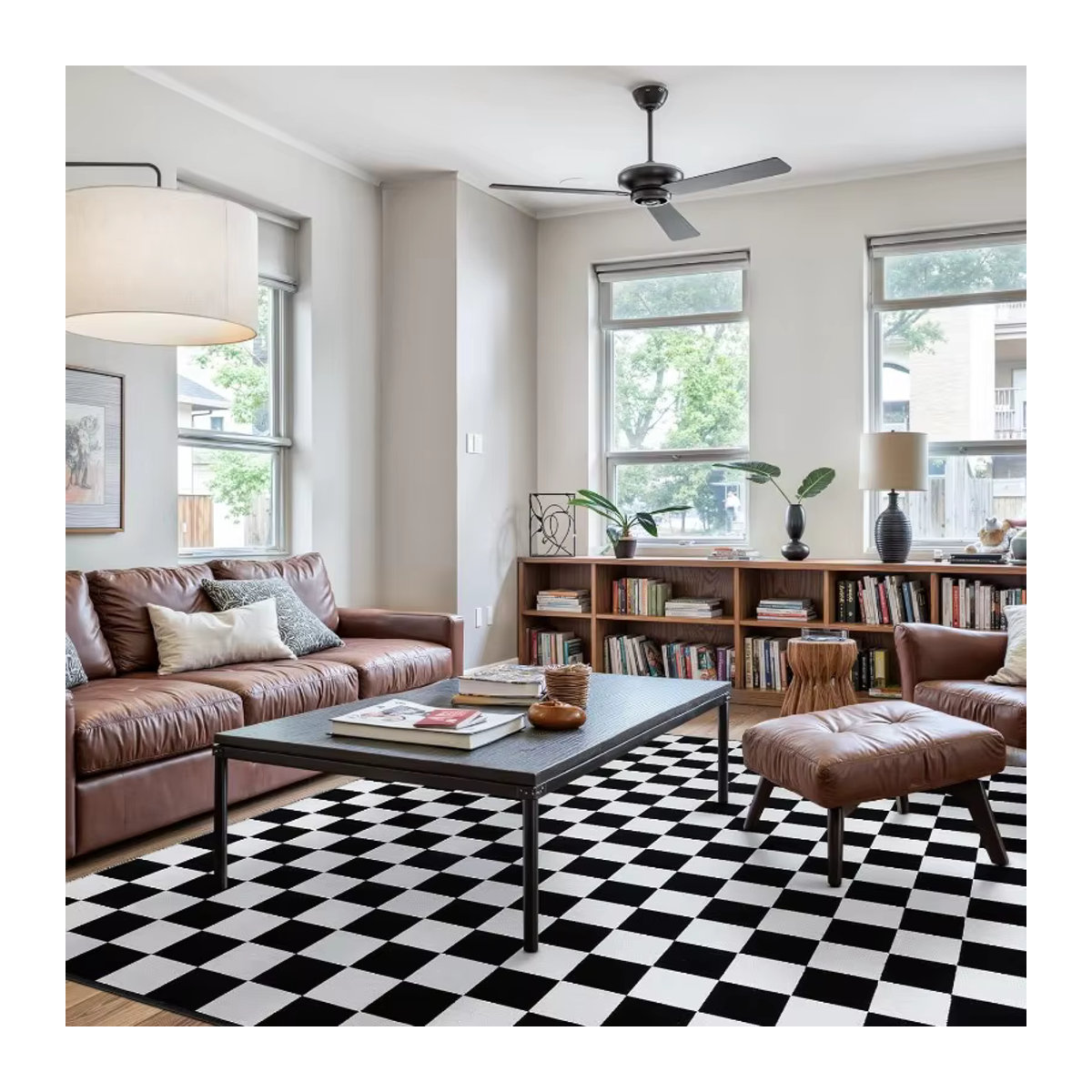 Waschbarer Druckteppich im Schwarz-Weiß-Gitter-Design für Wohnzimmer, Eingang oder Home Office - Bild 4