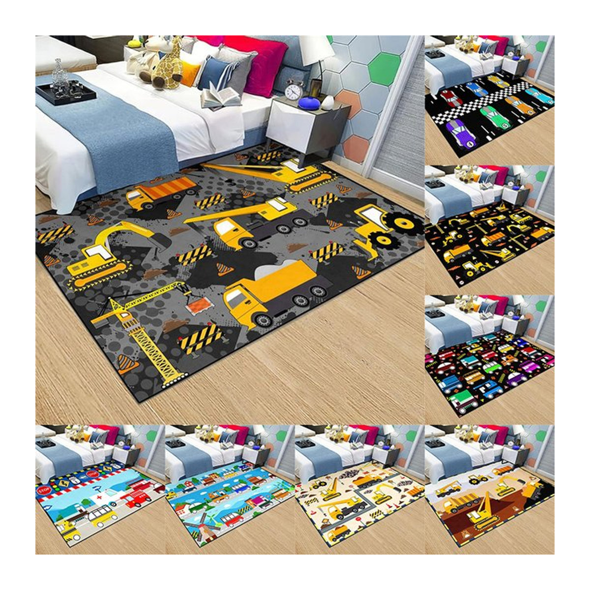 Waschbarer Druckteppich mit Bauauto-Aufdruck für Kinder, rutschfeste Flanellmatte für Wohnzimmer, Schlafzimmer oder Küche - Bild 1