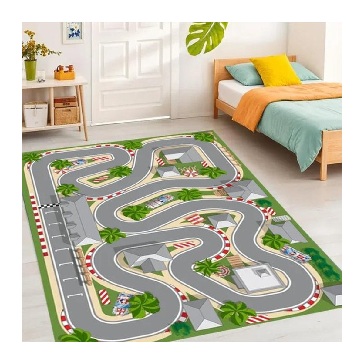 Waschbarer Kinderzimmerteppich mit Rennstrecken-Design und Automotiv als Spielmatte für Jungen und Mädchen, B/H: 60 x 40 cm - Bild 1